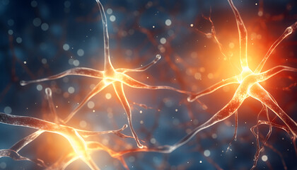 neuron cells with glowing link knots. Human brain, science and neurology concept. Neuron cells in a dark, in the style of dark orange and light gold, photorealistic fantasies - obrazy, fototapety, plakaty
