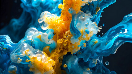 3d rendered abstract of underwater inks encapsulated within glass resin, pastel blue colour contrasted with rich yellow colour and highlighted with shimmering metallic gold inks background - obrazy, fototapety, plakaty