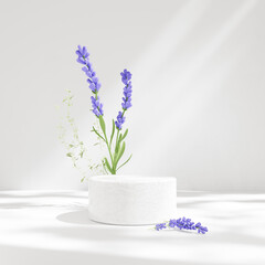 3D rendering of product display podium and decorated with lavender flowers