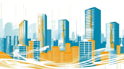 Abstract business background with coins and buildings, finance and economy illustration