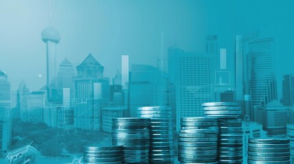 Abstract business background with coins and buildings, finance and economy illustration