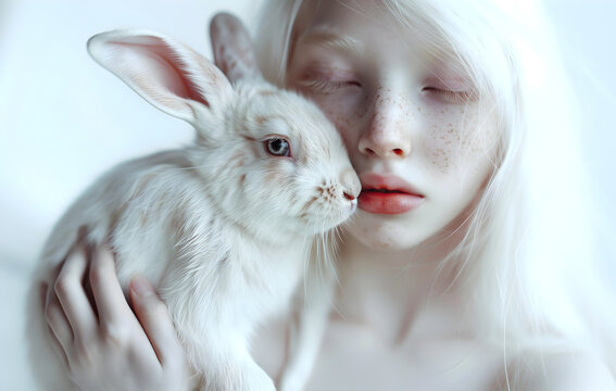 Fashion Surreal Concept. White tousled hair pretty albino girl hugging a white furry rabbit bunny . illuminated dynamic composition and dramatic lighting. 