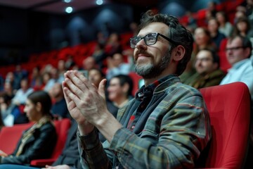 Man in audience at a theater applauding, surrounded by other spectators.