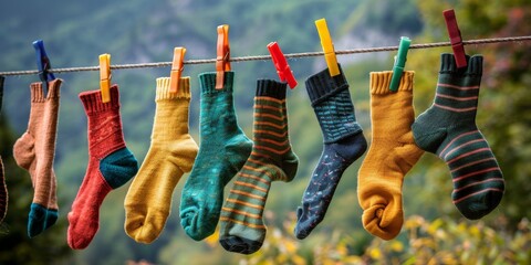A row of colorful socks hanging on a clothesline
