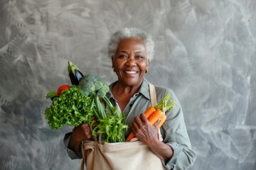 Smiling African American senior woman holding a bag with fresh vegetables.