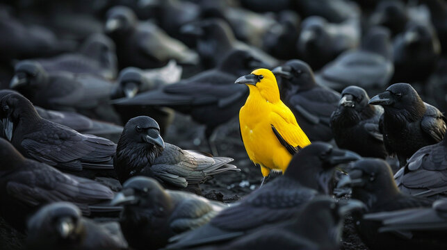 An intriguing sight of a solitary yellow crow surrounded by a group of black crows, the unexpected burst of color amid the monochrome feathers adding an element of curiosity and wonder. 