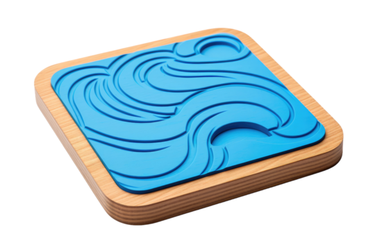 Wooden Coaster With Blue Wave Design. On a White or Clear Surface PNG Transparent Background..