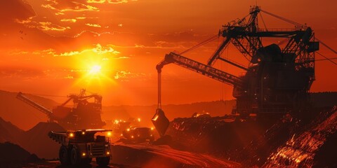 A large industrial plant with a large crane and a sun in the background