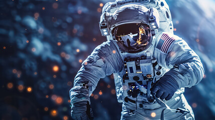 A man in a space suit is looking at the camera. The image has a futuristic and adventurous mood