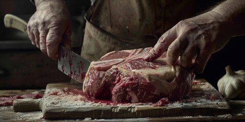 A butcher is cutting a piece of meat with a knife