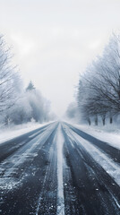 Fototapeta na wymiar Winter's Poem: The Slick Symphony of Icy Roads and Nature's Frosted Embrace