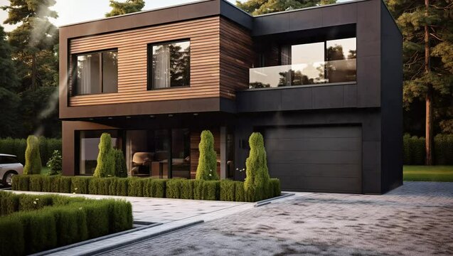 Modern minimalist house exterior with sleek simplicity. Stylish architectural finesse.
  Seamless looping 4k time-lapse virtual video animation background. Generated AI