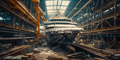 A large ship is being built in a shipyard