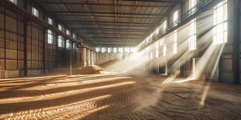 A large, empty warehouse with a lot of sunlight shining through the windows