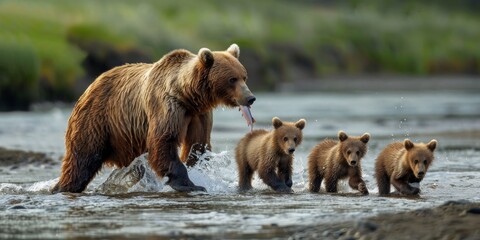 A mother bear and her cubs are playing in a river