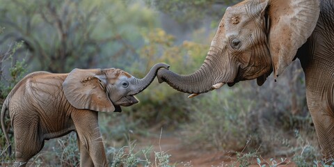 Two elephants are playing with each other in the wild