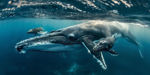 A whale is swimming in the ocean with its calf