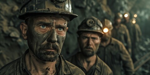 Obraz premium A group of men in dirty clothes are standing in a dark tunnel