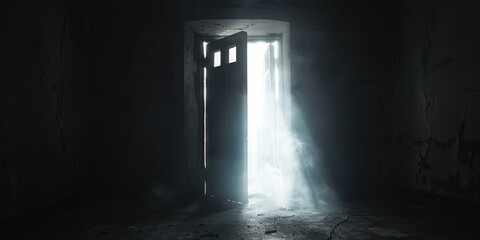 A dark hallway with a door that is open and letting out a foggy mist