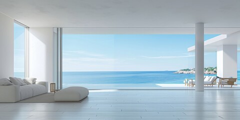 A large open living room with a view of the ocean © xartproduction