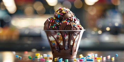 A chocolate ice cream sundae with rainbow sprinkles on top