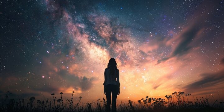 A woman stands in a field of flowers at night, looking up at the stars