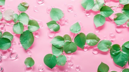 Green leaves on the surface of the water on a pink background. Beautiful background with water ripples for product presentation. Summer refreshing background.