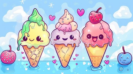 Cute Kawaii-Style Ice Cream Characters Having Summer Fun, Digital Illustration