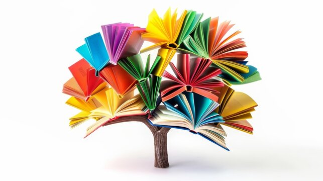 Concept of international literacy day, tree made of colorful books isolated on white background