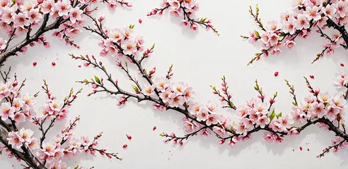 Foto op Canvas Sakura, Pink Cherry blossoms branches in full bloom, flowers and buds against a soft white background. Perfect for spring themes or celebrating the beauty of nature © AnnaPa