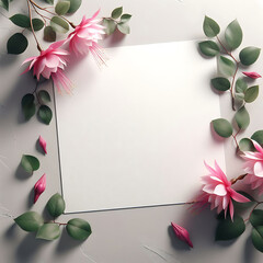 Greeting card, invitation card template Concept. Empty white paper with fuchsia flower beside the paper.