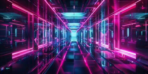 A neon colored room with a blue and red wall
