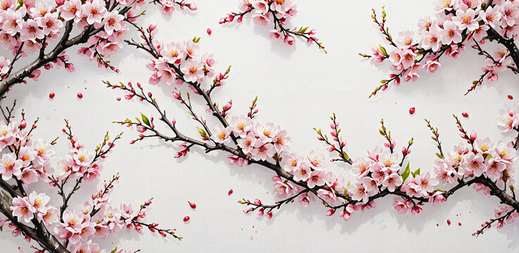 Fototapeta Sakura, Pink Cherry blossoms branches in full bloom, flowers and buds against a soft white background. Perfect for spring themes or celebrating the beauty of nature