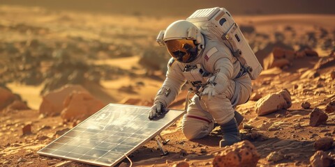 A man in a space suit is looking at a solar panel