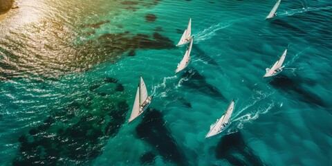 A group of sailboats are sailing in the ocean