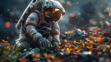 A man in a spacesuit is digging in the dirt