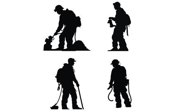 Firefighter sanding silhouette, firefighter with equipment silhouette vector