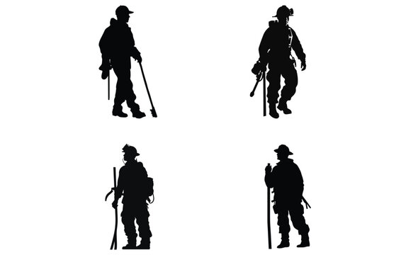 Firefighter activity silhouette, firefighter with equipment silhouette vector