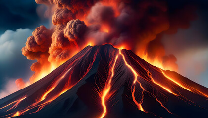 A painting of a volcano erupting with vibrant colors and thick smoke rising from it - obrazy, fototapety, plakaty