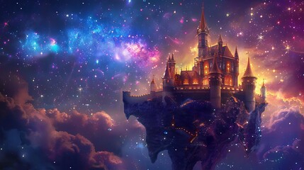 Enchanting Fairy Tale Castle Floating in Magical Starry Sky, Digital Painting - obrazy, fototapety, plakaty