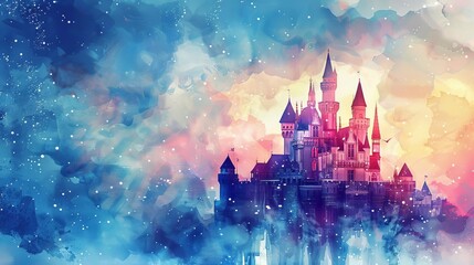 Enchanting Fairy Tale Castle, Whimsical Magic Kingdom Illustration, Dreamy Watercolor Style - obrazy, fototapety, plakaty