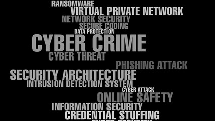 Lettering about cybersecurity in cyberspace with secure connections and protection shield on black background