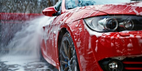 A red car is being washed in a car wash - obrazy, fototapety, plakaty