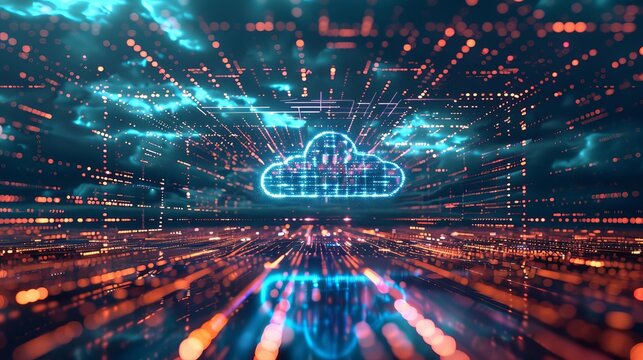 Futuristic digital landscape exploring themes of cyber security, AI, network management, and cloud computing
