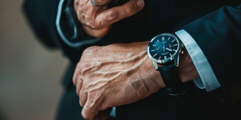 A man is wearing a watch and adjusting it