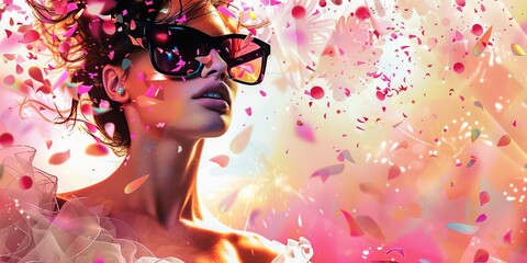 A woman wearing sunglasses and a pink dress is surrounded by pink flowers