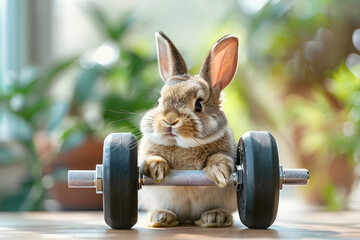 Cute Easter bunny working out with weights, suitable for Easter holiday greeting cards and social media posts. - obrazy, fototapety, plakaty