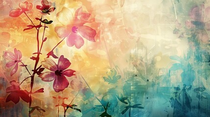 Grunge style colorful abstract floral art with paper texture, watercolor background illustration