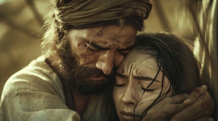Close-up of Jesus comforting a weeping woman - Powered by Adobe
