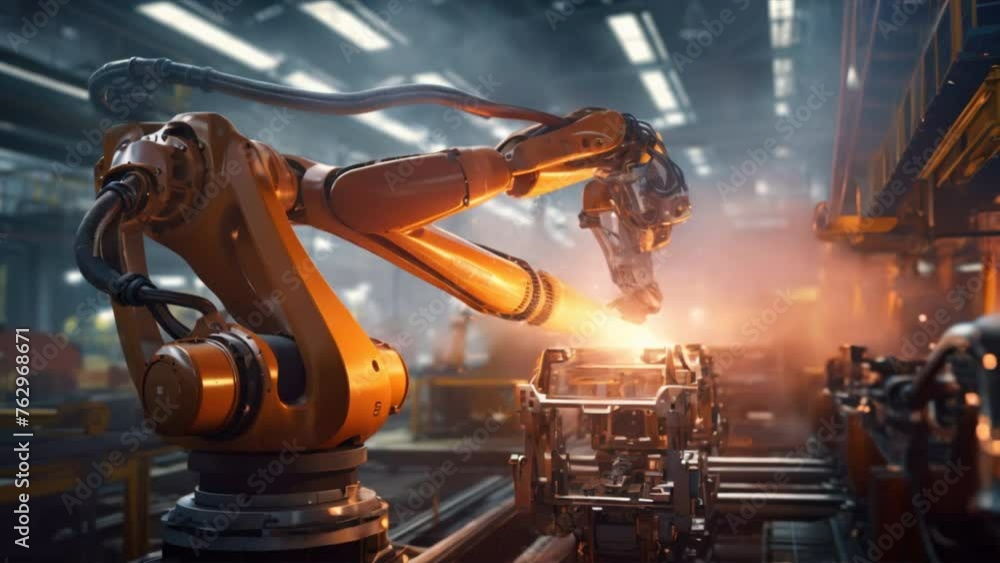Poster modern industry,industrial robot works automatically in smart autonomous factory.